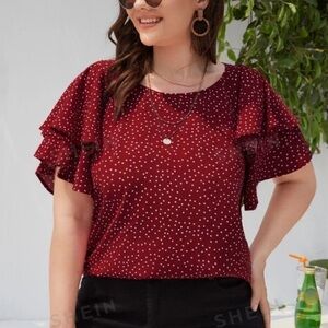 SHEIN Polka Dot Blouse Women 2XL Red Good Flounce Butterfly Sleeve Top